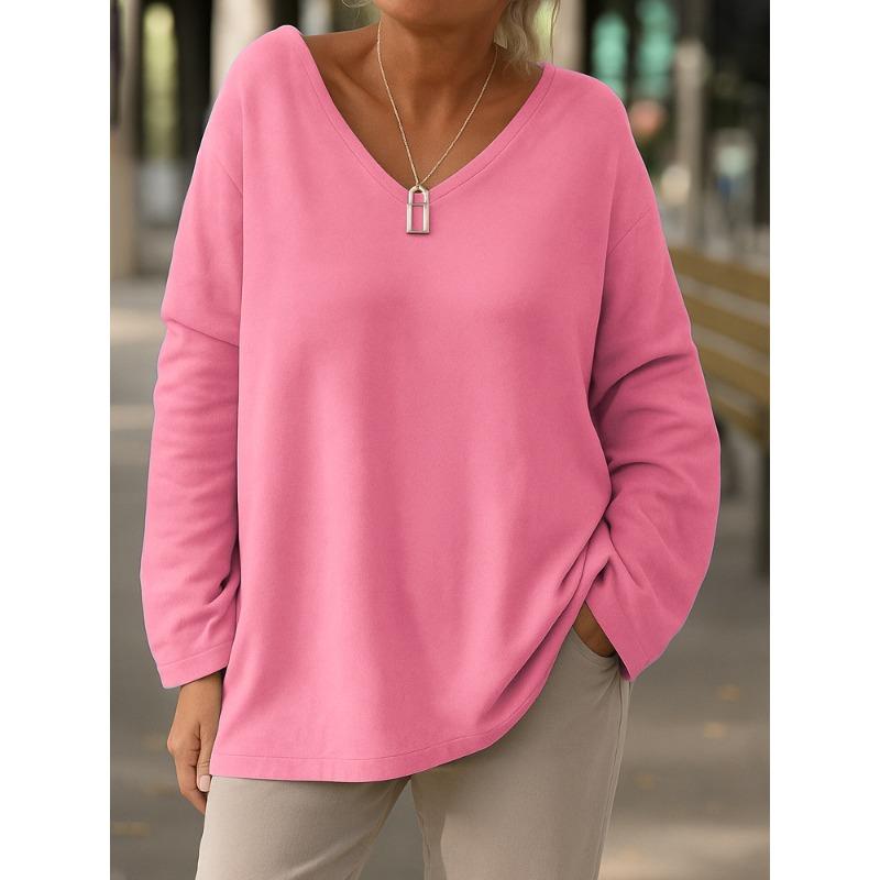 QICED Women's Fashion Casual Solid Color Print Long Sleeve V Neck Blouses & Shirts
