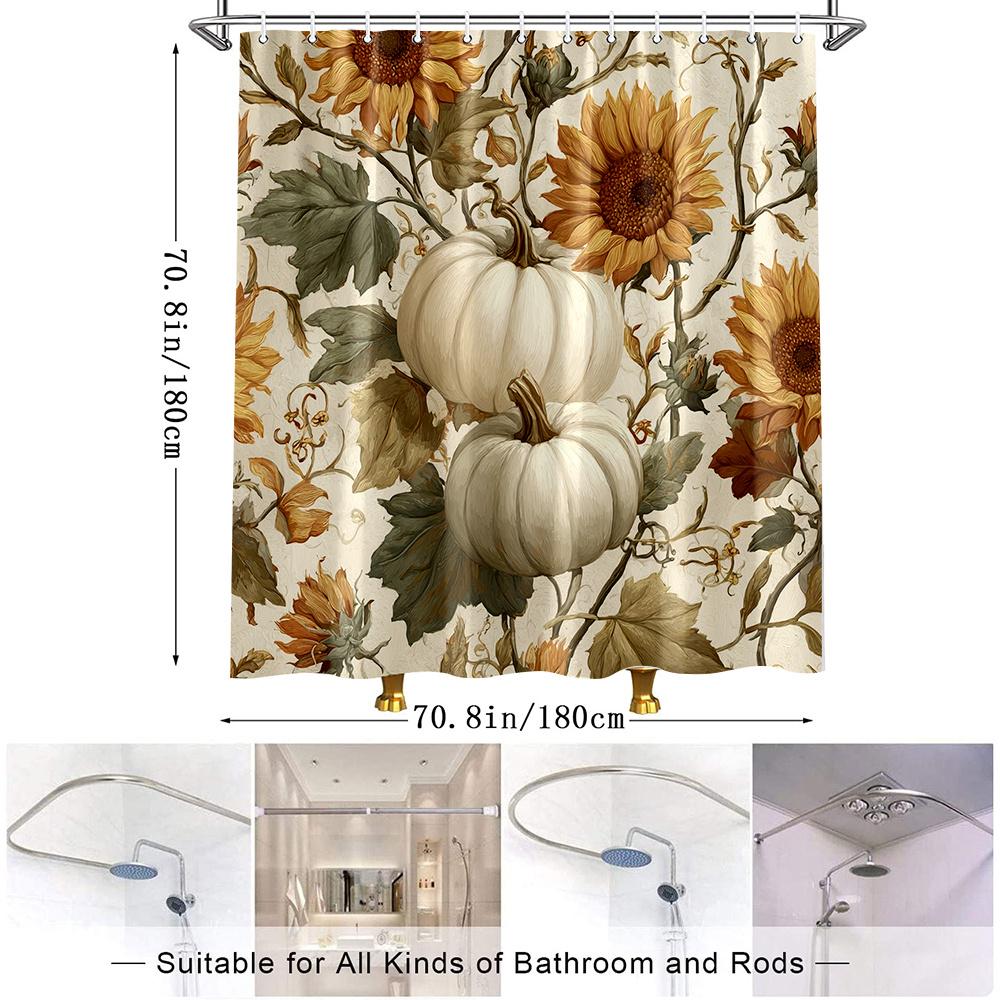 1pc Extra Large Autumn Shower Curtain - Elegant Floral Bathroom Decor with Sunflowers, Pumpkins, Beige/Orange/White/ Green
