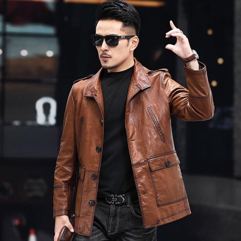 Men's Genuine Leather Clothing Oil Waxed Sheepskin Suit Collar Mid-Length Windbreaker Jacket New Style
