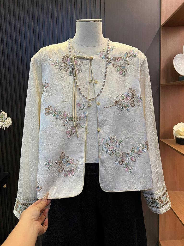 2026 Spring Chinese Style Embroidered Jacquard Frog Button Stand Collar Shirt