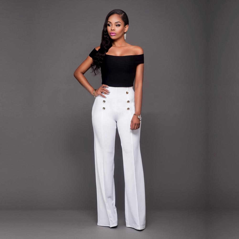 Women s High Waisted Double Breasted Button Slim Fit Flared Pants Fashion Office Casual Full Length Trousers S белый
