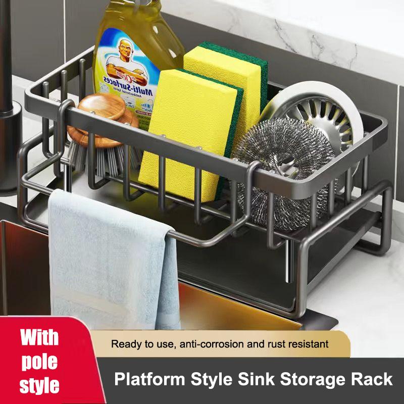 Kitchen Sink Caddy, Sponge Holder Self Drain Soap Dish With Detachable Dishcloth Rack For Dishcloth Soap Brushes Space Saving