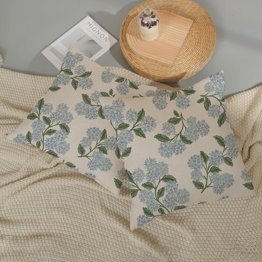 1Pc Blue Green Hydrangea Flower Pillow Covers Vintage Floral Linen Cushion Covers For Sofa Couch Living Room Bedroom Home Decor