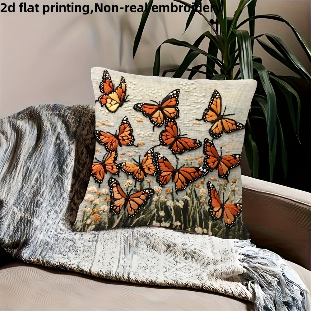 Monarch Butterfly Throw Pillow Cover, Faux Embroidery 2D Effect Floral Art Print Decorative Cushion For Living Room Sofa Couch