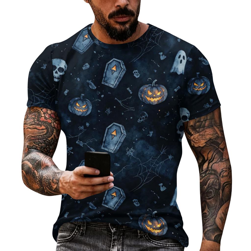 Men's Halloween Graphic Short Sleeve T Shirt Loose Fit Casual Summer Daily Top Spider Web Skull Print Comfortable Tee