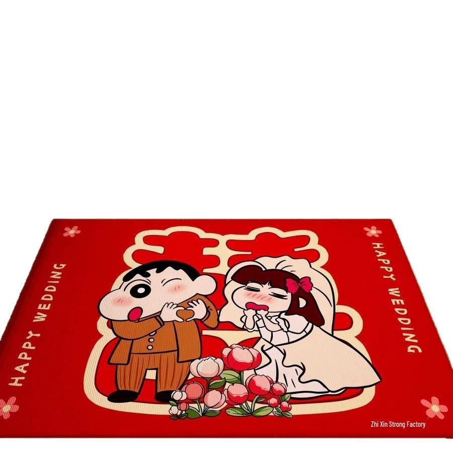 Crayon Shin-chan Double Happiness Velvet Carpet - Wedding Bedroom Cartoon Entrance Mat, Wear & Dirt Resistant