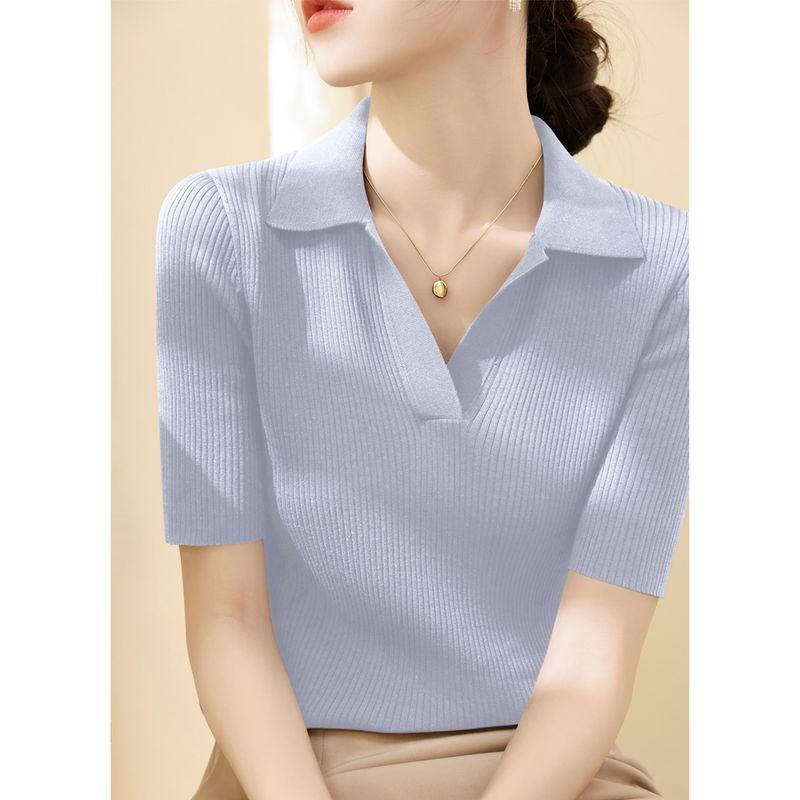 

Lyocell Tencel Sunken Stripe Silm Shoulder Tops Summer Thin Half Open Flip V-neck Short Sleeve Ice Silk Sweater Women Light blue [high quality fabric]] S