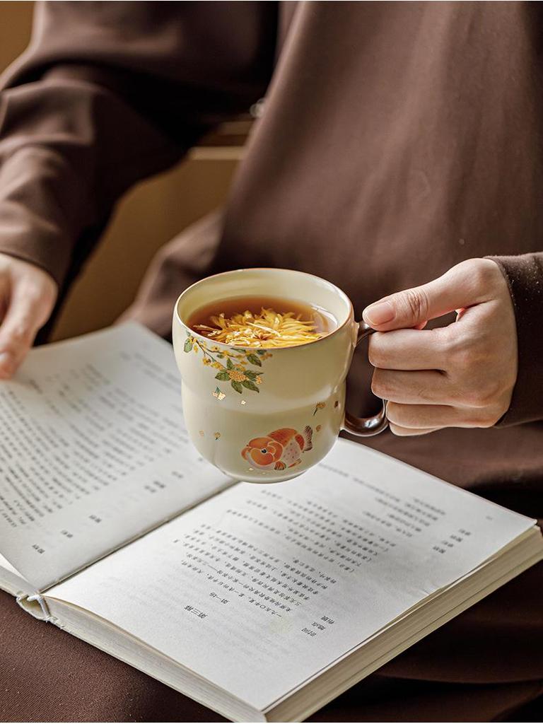 Beige Ru Kiln Lucky Carp Gourd Mug - High-Value Ceramic Tea & Coffee Cup