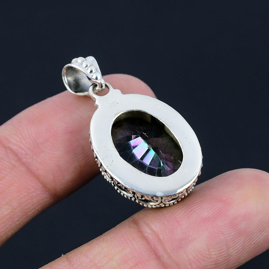 Natural Mystic Topaz Gemstone Pendant, 925 Sterling Silver, Multicolor Gemstone, Handmade Pendant Jewelry Gift For Valentine's Day