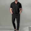 Men Spring Autumn New Solid Color Waffle Knit Collared Half Zip Polo Shirt Pants Set