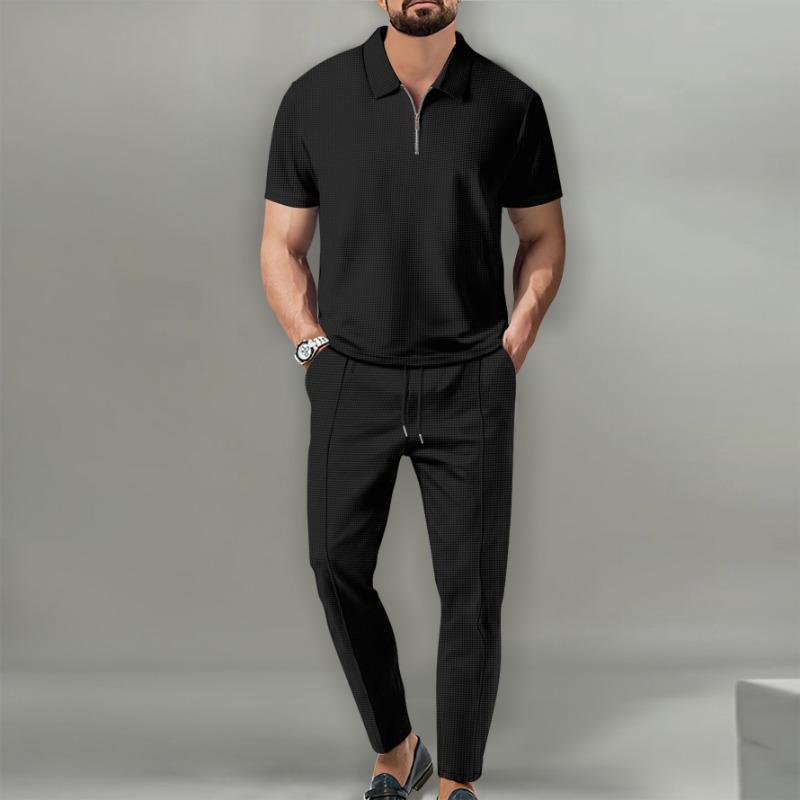 Men Spring Autumn New Solid Color Waffle Knit Collared Half Zip Polo Shirt Pants Set