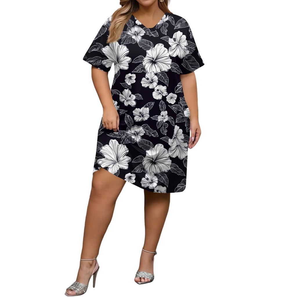 Summer Plus Size V Neck Short Sleeve Knee Pocket  Print Casual Dress For Women