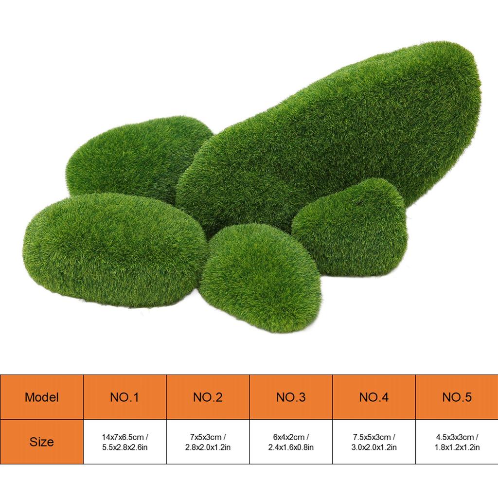 5 Size Artificial Moss Rocks Resin Flocking Decorative Green Moss Covered Stones Fake Moss Decor for Fish Tank and Aquarium