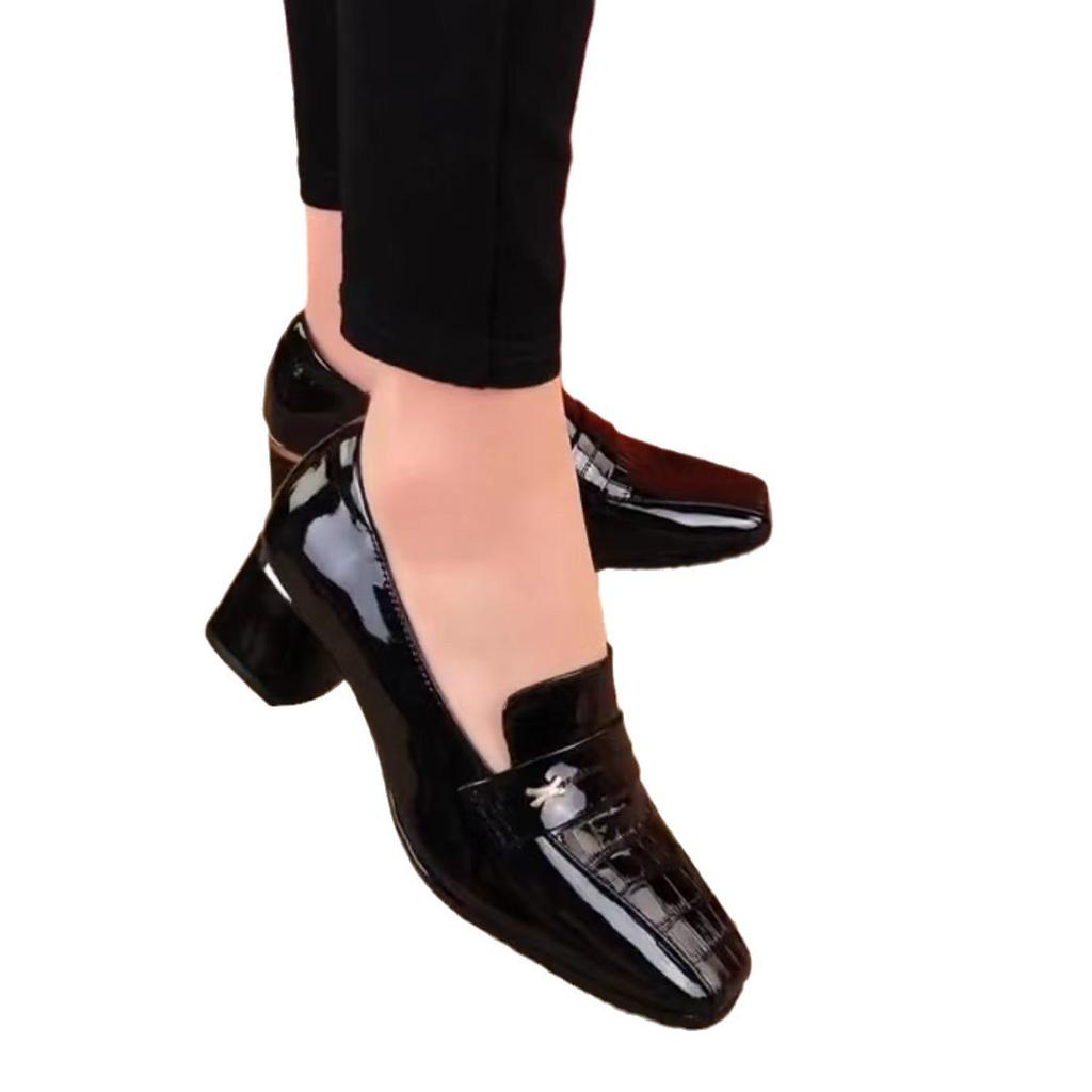 Soft leather single shoes medium heel 2025 spring new patent leather glossy square head fashionable versatile square heel deep mouth small leather sh