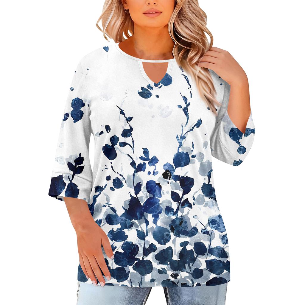 Women's Fashion Casual Round Neck Three-Quarter Sleeve Oversized Print Top