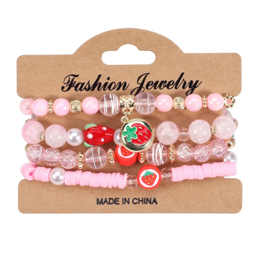 Strawberry Pendant Pink Beads Multilayer Stretch Bracelet Cute Fruit Hand Decoration Gift for Women