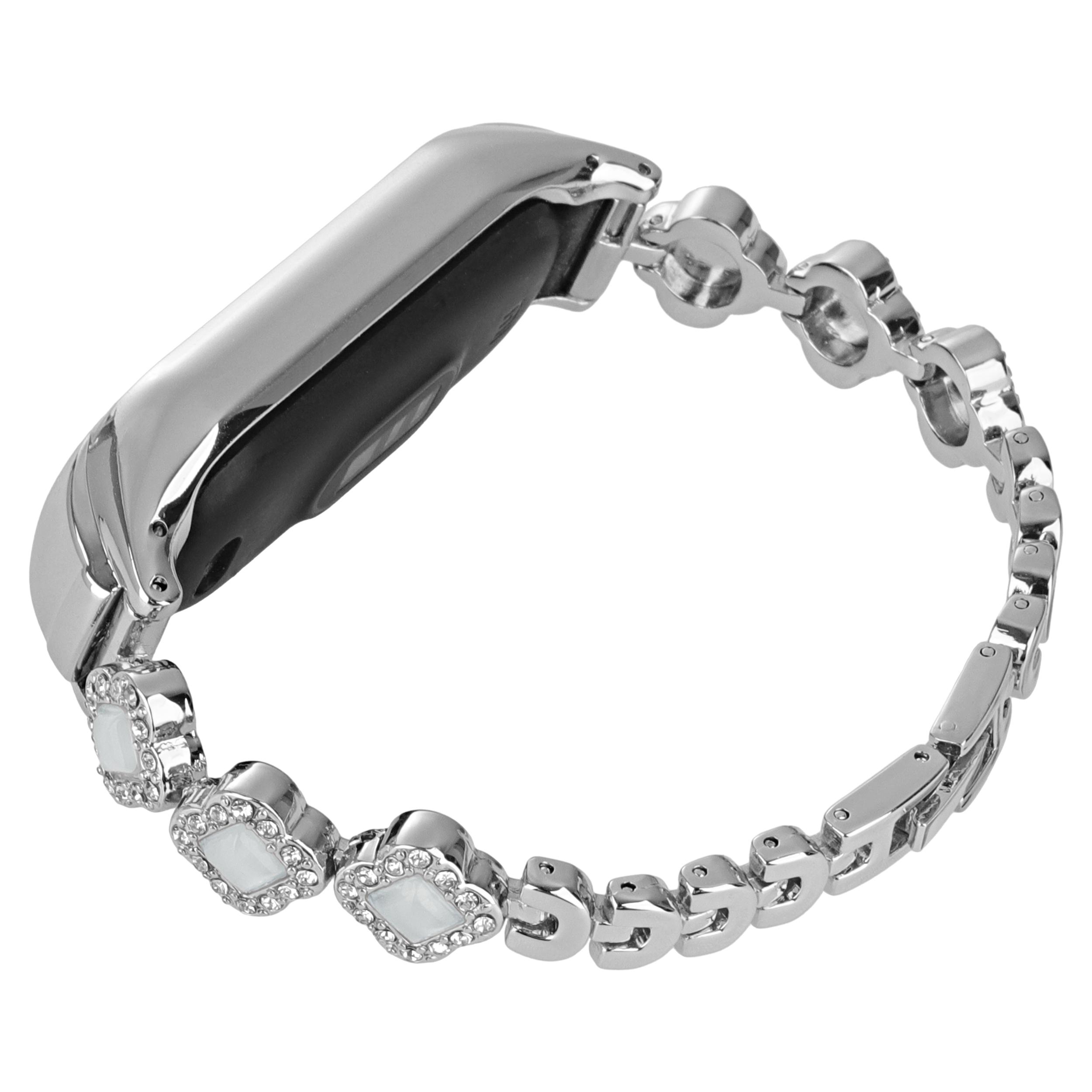 

For Xiaomi Mi Band 5/6 Metal Watch Band Rhinestone Decor Clover Wrist Strap Silver