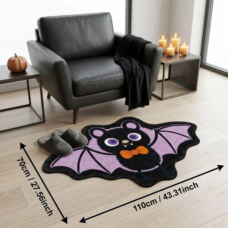 Cute Bat Shape Rug Soft Flannel Irregular Floor Mat Anti‑slip Halloween Carpet For Bedroom Entrance Holiday Home Decor