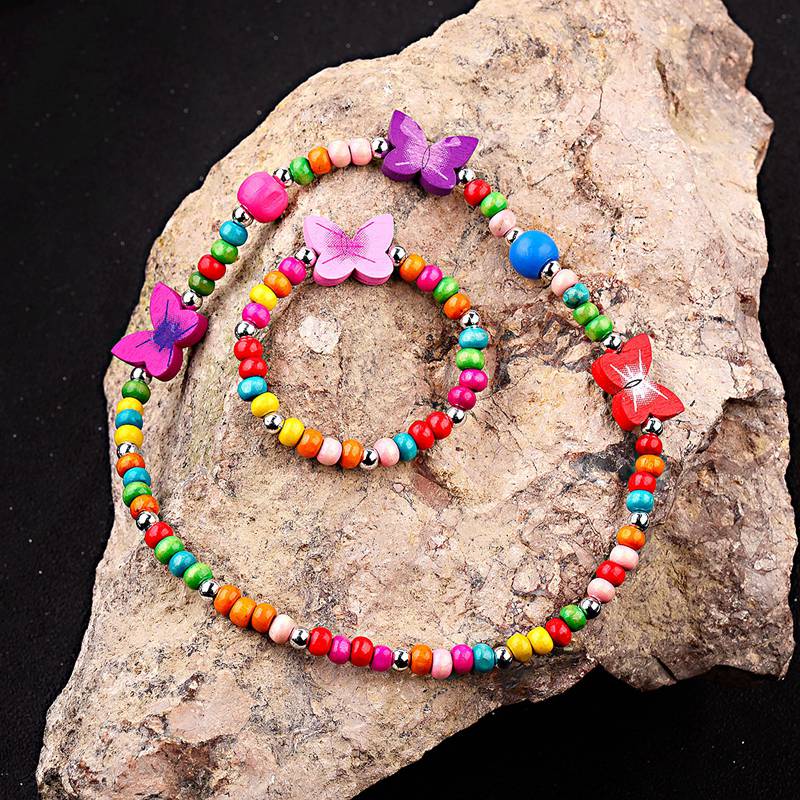 TopHanqi Girls Zircon Sets Cute Animal Butterfly Wood Beads Necklace Bracelet Set For Kids Children Girls Birthday Party Gift