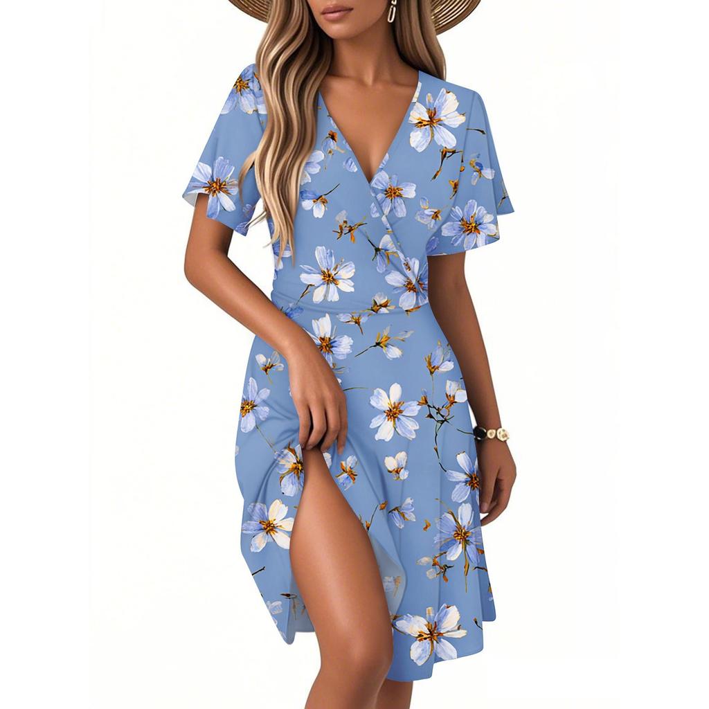 Women's Fashion Short Sleeve Wrap Sundress V-Neck Floral Print Dresses