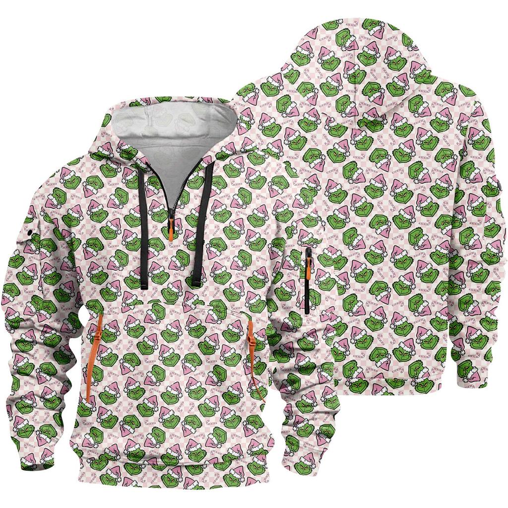 Men's Christmas Print Hooded Half-Zip Casual Sports Sweatshirt