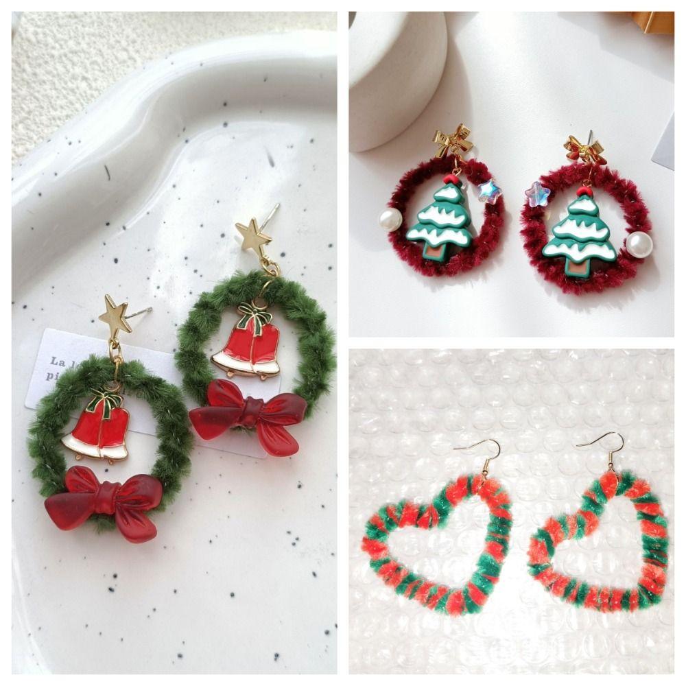 Bowknot Mistletoe Christmas Earrings Retro Heart Ear Studs Fashion Plush Xmas Pendant  Girls