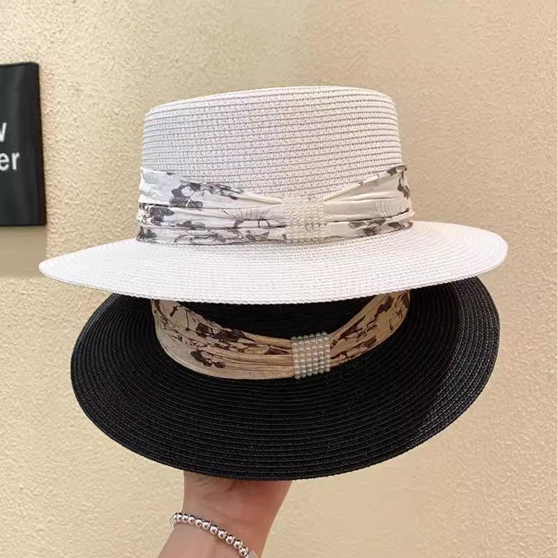 Retro Ribbon Flat Top Hat Ladies Summer Seaside Vacation Sun Protection Sun Hat Fashion Versatile Black Top Hat