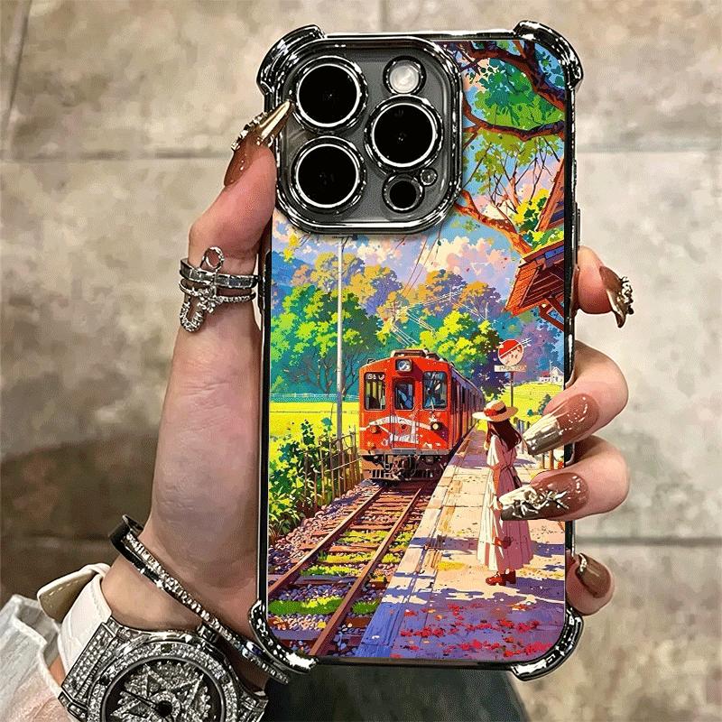 Retro Japanese Sakura Train Soft Phone Case For iPhone 15 16 17 Air 14 Pro Max 16E Plus 13 12 Mini Plating Anti-Fall Fundas