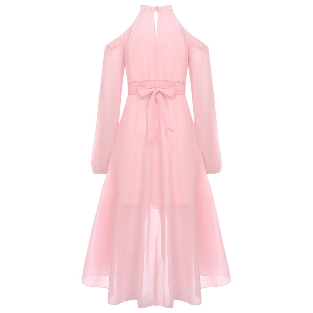 Children‘s High Waist Ruffled Dress Halter Off Shoulder Long Sleeve Irregular Hem Fake Diamond Embellished for Prom Wedding Party