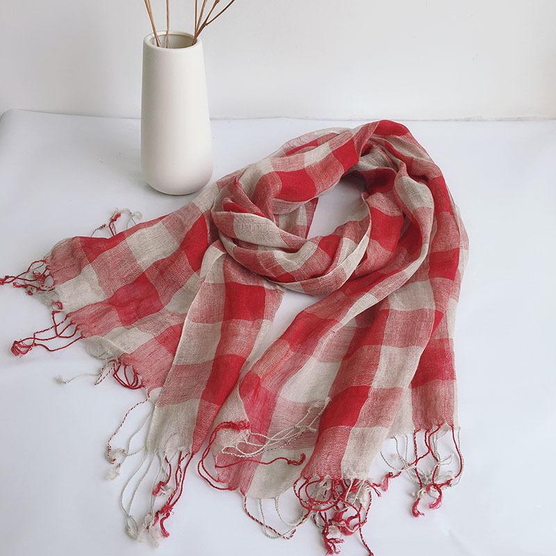 Yellow Plaid Linen Scarf Thin Versatile Shawl Summer Japanese Women'S Sunscreen Silk Scarf