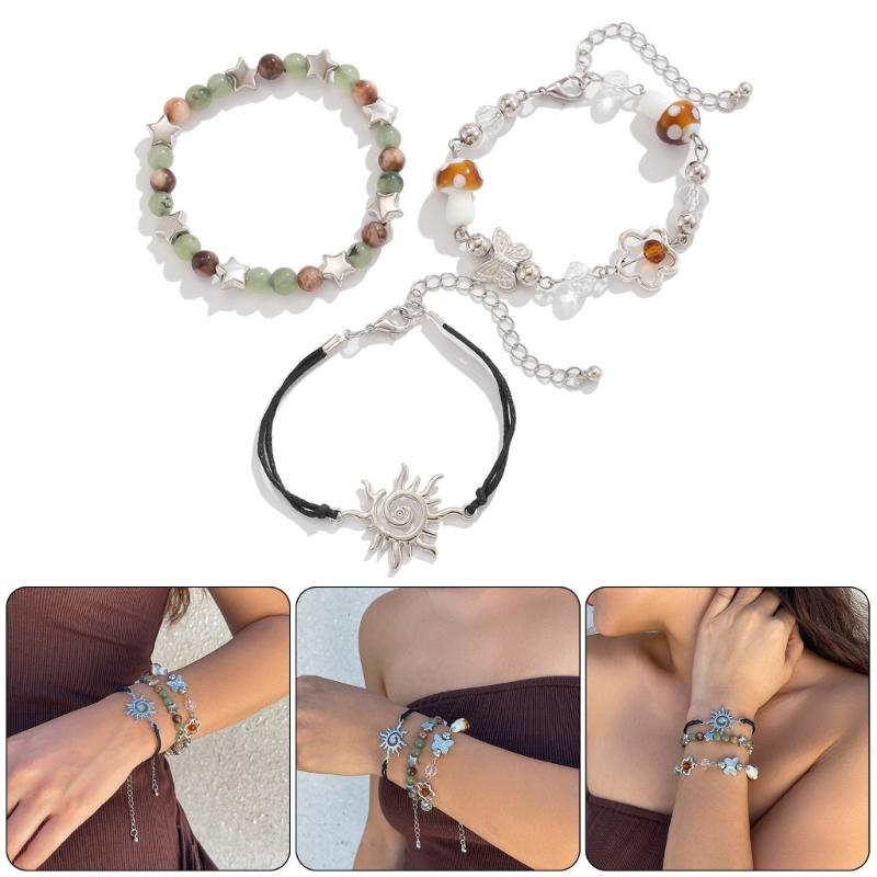 3 Pack Adjustable Sun Bracelet Butterfly Beaded Bracelet Set Fashion Crystal Jewelry Rope Bracelet Gift for Woman Girl