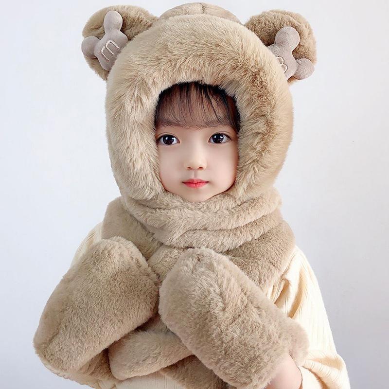 Bear hat female scarf gloves integrated winter student warm cute scarf plush three-piece set thickened Internet celebrities