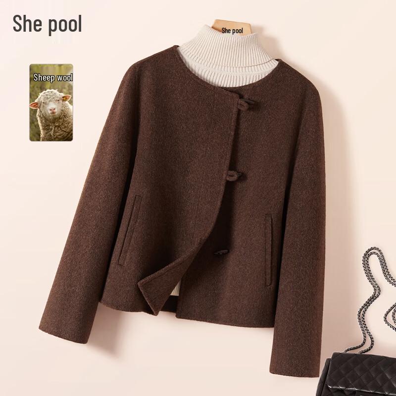 

Women s Pure Wool Round Neck Double-Faced Winter Coat M
