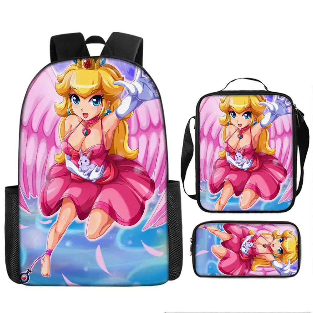 Sada batohů s kresleným motivem Super Maria, Školní taška princezny Peach, 3dílná, polyesterová, Batoh s herním motivem