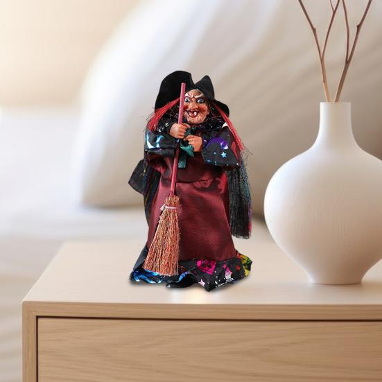 Halloween Witch Doll Decoration Spooky Witch Statue with Broomstick for Home Living Room Fireplace Mantel End Table Desktop Decor