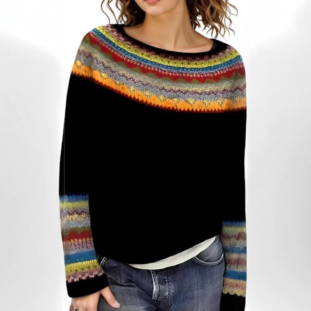 Women's American Style Color Block Knit Sweater - Trendy, Loose, Round Neck Design