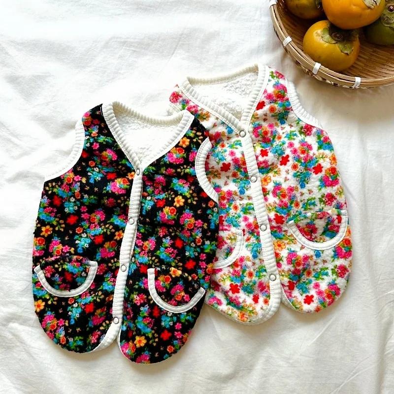 Floral Print Fleece Two-Legged Pet Costume Coat for Small Medium Dog Thick Warm Vest Chihuahua Yorkshire Clothes