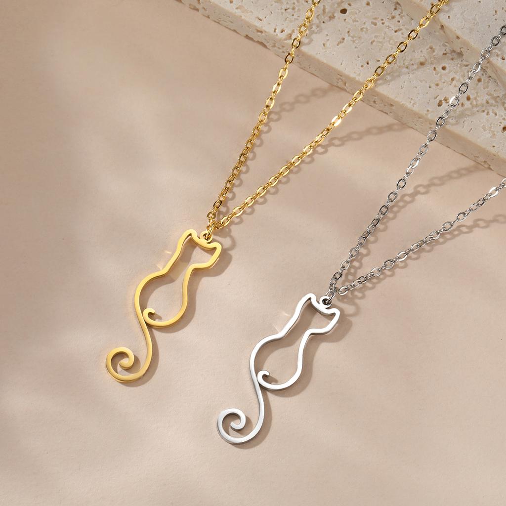 Lemegeton Long Tail Cute Cat Charm Pendant Necklace for Women Girls Animal Kitten Stainless Steel Necklace Jewelry Gift