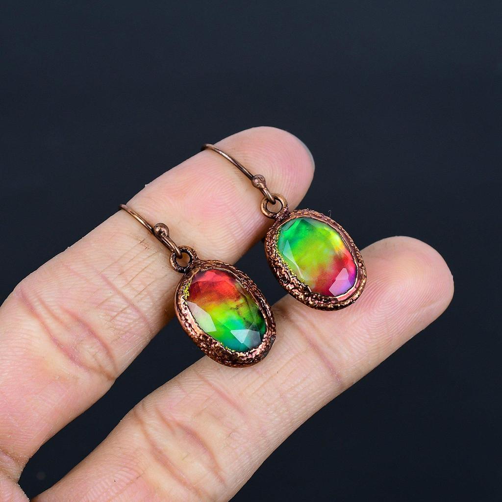 Ammolite Earrings Gemstone Jewelry, Copper Electroformed Handmade Earrings, Latest Design Jewelry