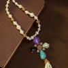 Medieval vintage four-leaf clover pearl fringed pendant Western antique necklace Versatile natural stone medieval pendant