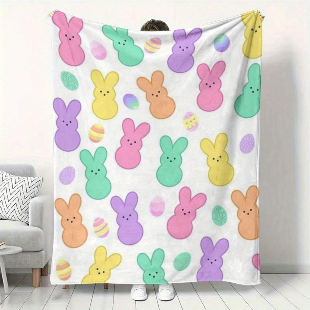 1pc Easter Colorful Bunny Flannel Blanket 2D Flat Print AllSeason Holiday Cozy Throw for Kids Bedroom Living Room Campin