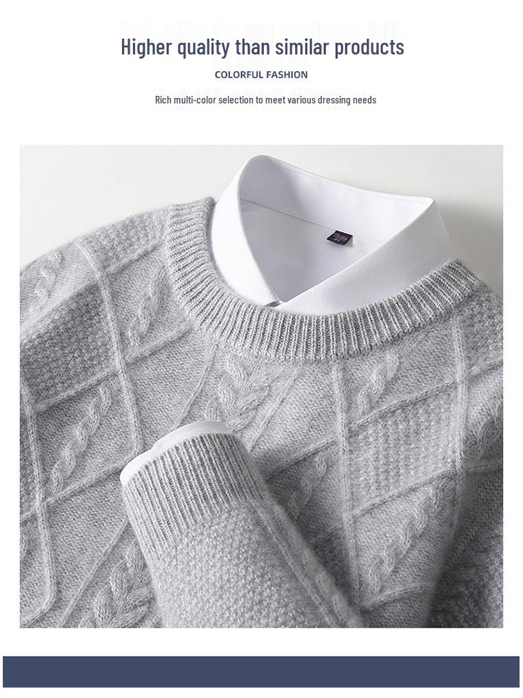 Men's British Style 100% Wool Sweater, Round Neck, 3D Cable Knit, Loose Fit, Five-Needle Thickened Casual Base Layer.