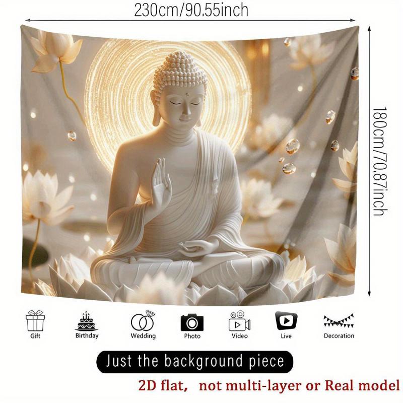 VIKAMA White Porcelain Buddha Tapestry Zen Lotus Buddha Light Background Cloth Living Room Background Wall Room Decoration