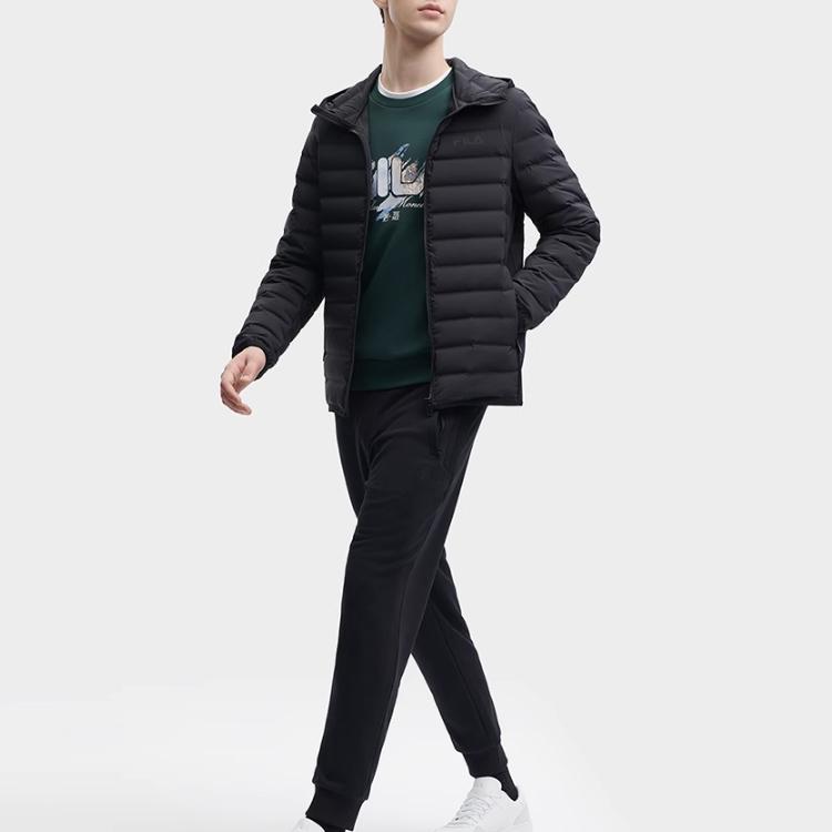 FILA Fleece Hooded Windproof Warm Sports Down Jacket Men Jacket Black F11M348911F-BK
