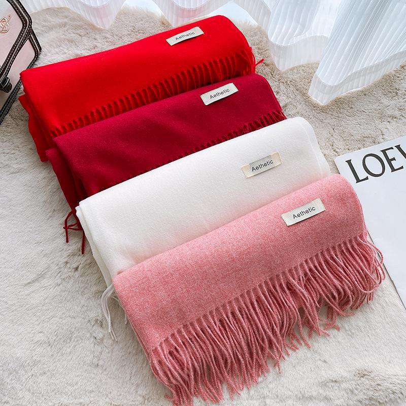 Cachecol feminino de inverno de cor sólida imitação de cashmere - quente, tecido, cachecol de pescoço médio a longo