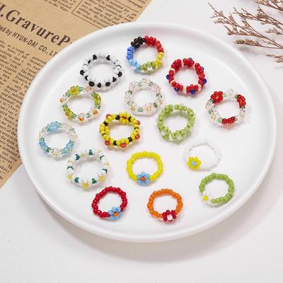 Korean Ins Multicolor Flower Handmade Beaded Rings For Women Girls Fresh Style Romantic Cute Finger Rings Jewelry No Size