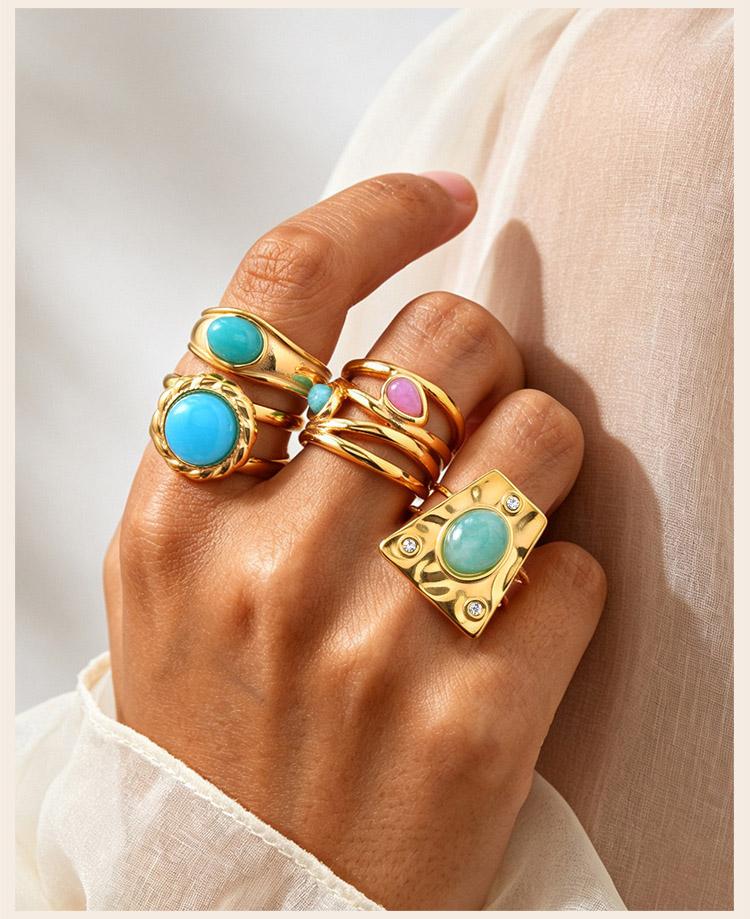 Boho Natural Stone Statement Ring for Women, Geometric Shield Multi Layer Open Band, Aesthetic Stackable Jewelry