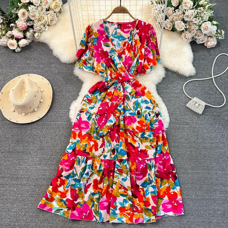 Chic South Korea Bubble V Neck A- line Dress Short Sleeve