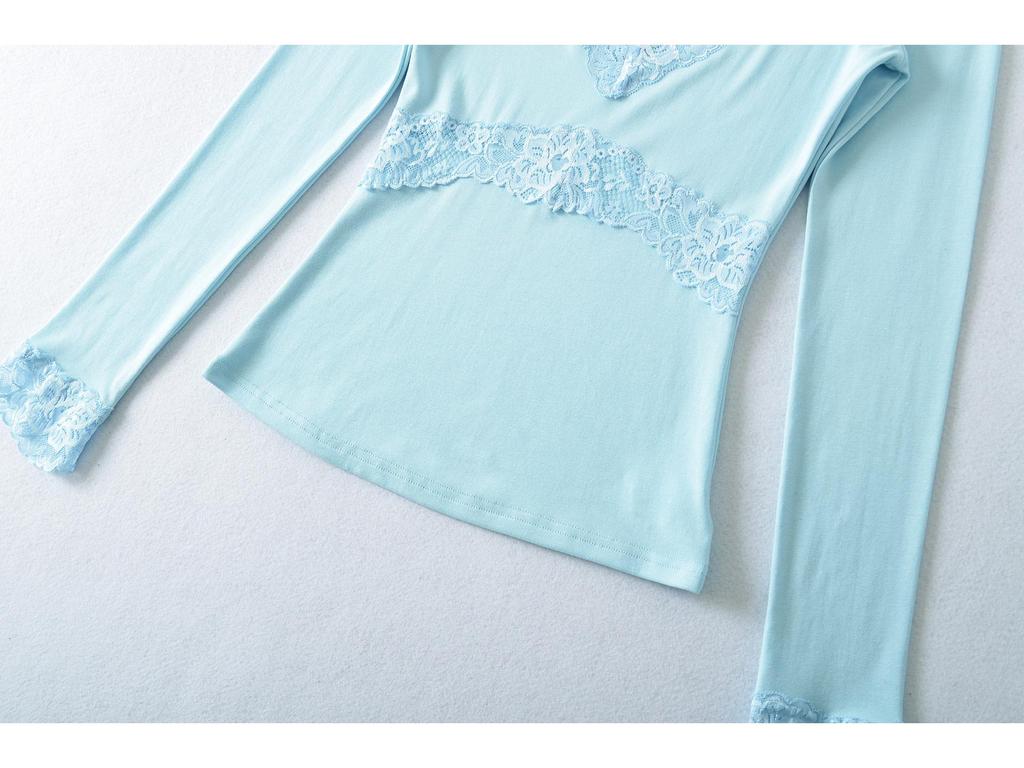 Elegant Deep V-Neck Long-Sleeve Slim-Fit Lace Patchwork Top - Spring/Summer 2026