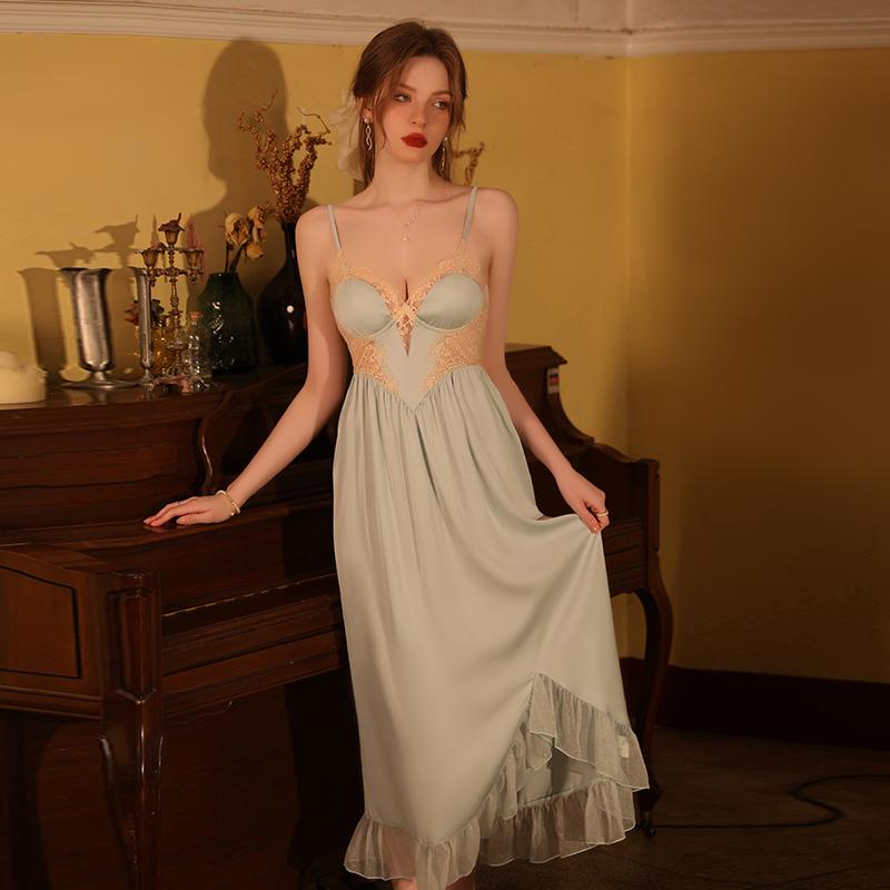 Costum Robă Nou pentru Femei Primăvară Satin Dantelă Rochie Lungă cu Spatele Gol Căptușit Pijamale Casual Sexy pentru Femei